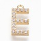 Brass Letter Pendants, with Cubic Zirconia, Lead Free & Cadmium Free & Nickel Free, Long-Lasting Plated, Golden, Letter.E, 15x7x2mm, Hole: 1.2mm