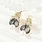 Feather Brass Clear Cubic Zirconia Stud Earrings, with Imitation Pearl & Shell, Real 14K Gold Plated, 24x11.5mm