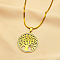 201 Stainless Steel Flat Round with Tree of Life Pendant Necklaces, with Polymer Clay Rhinestones, Real 18K Gold Plated, 20.16 inch(51.2cm)