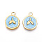 304 Stainless Steel Pendants, with Enamel, Flat Round with Fishtail Charms, Ion Plating(IP), Real 18K Gold Plated, Light Sky Blue, 16.5x13x2.5mm, Hole: 2.5mm