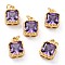 Real 18K Gold Plated Brass Inlaid Cubic Zirconia Charms, with Jump Ring, Long-Lasting Plated, Square, Purple, 9.5x7x4mm, Jump Ring: 4x0.5mm, 2.5mm Inner Diameter