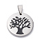 304 Stainless Steel Pendants, with Enamel, Polishing, Flat Round with Tree, Stainless Steel Color, 25x3mm, Hole:7.5x5mm