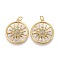 Brass Micro Pave Clear Cubic Zirconia Shell Pendants, with Jump Rings, Long-Lasting Plated, Flat Round with Sun, Golden, 24x22x4mm, Hole: 5x0.8mm