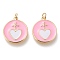 Brass Pendants, with Enamel and Jump Rings, Long-Lasting Plated, Flat Round with Heart, Golden, White, 20.5x18x2mm, Hole: 3mm