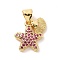 Brass Micro Pave Cubic Zirconia Charms, Cadmium Free & Lead Free, Starfish with Shell Shape Charms, Real 18K Gold Plated, Camellia, 13.5x13x2.5mm, Hole: 3x4mm
