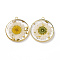 Transparent Clear Epoxy Resin Pendants, with Edge Golden Plated Brass Loops and Gold Foil, Flat Round Charms with Inner Flower, Old Lace, 33.8x30x4mm, Hole: 2.5mm