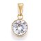 Cubic Zirconia Charms, with 201 Stainless Steel Findings, Flat Round, Clear, Golden, 15x11x7mm, Hole: 8x3.5mmm