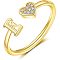Adjustable Brass Rhinestone Cuff Rings, Letter & Heart, Golden, Letter E, Inner Diameter: 15~20mm
