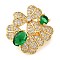 Brass Micro Pave Clear Cubic Zirconia with Glass Fold Over Clasps, Cadmium Free & Nickel Free & Lead Free, Clover, Green, Real 18K Gold Plated, 21x20x11mm