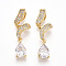 Brass Micro Pave Cubic Zirconia Pendants, Teardrop, Cadmium Free & Lead Free, Clear, 32~33x9~10.5x6~6.5mm, Hole: 3x5.5mm
