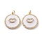 Brass Micro Pave Clear Cubic Zirconia Pendants, with White Enamel & Jump Rings, Long-Lasting Plated, Flat Round with Lip, Real 18K Gold Plated, 22x20x2.5mm, Hole: 3mm, Jump Ring: 5x1mm
