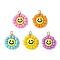 Acrylic Glass Seed Beaded Pendants, with Golden Brass Findings, Flat Round with Smiling Face, Champagne Yellow, 23x18x5mm, Hole: 3mm