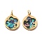 Brass & Paua Shell & Clear Cubic Zirconia Pendants, Flat Round with Star Pattern Charms, with Jump Ring, Real 18K Gold Plated, 16.5x14x2.5mm, Hole: 3mm