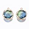 Glass Charms, with Brass Findings, Flat Round, Light Gold, Steel Blue, 14x12x4.5mm, Hole: 1mm