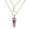 Natural Amethyst Cone Pendant Double Layer Necklace, with Moon Charms, 19.69 inch(50cm)