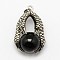 Vintage Natural Bezel Dyed & Heated Black Agate Pendants, with Antique Silver Plated Alloy Findings, Animal Claw with Round Beads, 37x25x16mm, Hole: 5x3mm