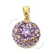 Brass Micro Pave Cubic Zirconia Pendants, Rotatable, Flat Round, Golden, Medium Purple, 14.5x13x7mm, Hole: 4x3mm