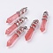 Watermelon Stone Glass Big Pointed Pendants, with Alloy Findings, Faceted, Bullet, Platinum, 59~63x11~12mm, Hole: 4x7mm