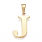 304 Stainless Steel Pendants, Golden, Initial Letter.J, 28x20x1.5mm, Hole: 4x10mm