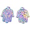 Alloyl Pendants, Hamsa Hand with Evil Eye, Rainbow Color, 48x31mm, Hole: 4mm