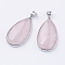Natural Rose Quartz Big Pendants, with Platinum Tone Brass Findings, Lead Free & Nickel Free, Teardrop, 50x26x9mm, Hole: 5x6mm
