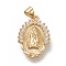 Brass Pendants, with Clear Cubic Zirconia, Oval with Holy Virgin, Clear, Real 18K Gold Plated,  22x14.5x2mm, Hole: 5x3mm