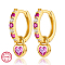 Real 18K Gold Plated 925 Sterling Silver Dangle Hoop Earrings, with 925 Stamp, Heart, Magenta, 14x4mm