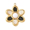 Dyed Natural White Jade Pendants, Stainless Steel Enamel Flower Charms, Real 18K Gold Plated, Black, 24.5x20x4.5mm, Hole: 1.4mm