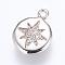 Brass Charms, with Cubic Zirconia, Flat Round with Star, Platinum, 13x9.5x2mm, Hole: 1mm