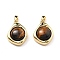Natural Tiger Eye Pendants, Rhombus Charms, with Brass Settings, Real 18K Gold Plated, 19.5x15x7mm, Hole: 4X3mm