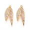 Brass Micro Pave Cubic Zirconia Pendants, Leaf, Nickel Free, Real 18K Gold Plated, 30x11x5mm, Hole: 1.2~1.4mm