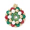 Glass Pendants, Christmas Wreath, with Brass & Shell Pearl Round Beads, Faceted, Colorful, 27x23x7mm, Hole: 2.5mm