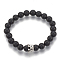 Synthetic Lava Rock Stretch Bracelets, with Brass Cubic Zirconia Findings, Crown, Black, Platinum, 1-3/4 inch(4.5cm)~2 inch(5cm)