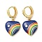 Heart with Rainbow Real 18K Gold Plated Brass Dangle Hoop Earrings, with Cubic Zirconia and Enamel, Dark Blue, 34.5x18mm