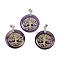 Natural Amethyst Flat Round Pendants, Tree of Life Charms with Rack Plating Platinum Tone Brass Snap on Bails, Cadmium Free & Lead Free, 30.5~32x25~25.5x6.5~7.5mm, Hole: 4.5x3.5mm