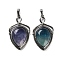 Natural Fluorite Pendants, Brass Shield Charms, Antique Silver, Lead Free & Cadmium Free, 45.5x26.5x7mm, Hole: 7x5mm