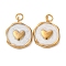 304 Stainless Steel Enamel Pendants, Flat Round with Heart Charm, with Jump Ring, Ion Plating(IP), Real 18K Gold Plated, White, 15.5x12.5x2.5mm, Hole: 2.5mm