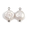 Natural Freshwater Pearl Keshi Pearl Pendants, Flat Round Charms, with 304 Stainless Steel Loops, White, Stainless Steel Color, 15.5x10.5x4~4.5mm, Hole: 1.6~1.8mm