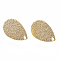 Brass Stud Earring Findings, with Loop, Teardrop, Bumpy, Nickel Free, Real 18K Gold Plated, 14x9x1mm, Hole: 1mm, Pin: 0.7mm