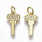 Brass Micro Pave Cubic Zirconia Pendants, with Jump Rings, Nickel Free, Key, Clear, Real 16K Gold Plated, 15x8x1.5mm, Hole: 3mm
