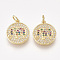 Brass Micro Pave Cubic Zirconia Pendants, Cadmium Free & Lead Free, Flat Round with Elephant, Golden, Colorful, 17x15x1.5mm, Hole: 3mm, Ring: 5x1mm