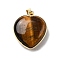 Natural Tiger Eye Pendants, Brass Heart Charms, Golden, Rack Plating, Cadmium Free & Lead Free, 24.5x21.5x10~10.5mm, Hole: 5.5x4mm