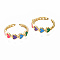 Brass Enamel Cuff Rings, Open Rings, Nickel Free, Curb Chain, Heart, Real 16K Gold Plated, Mixed Color, US Size 8 1/2(18.5mm)