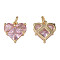 Brass Micro Pave Clear Cubic Zirconia Pendants, with Jump Rings, Nickel Free, Real 18K Gold Plated, Heart, Pink, 12x12x3.5mm, Jump Ring: 5x1mm, 3mm inner diameter