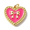 Rack Plating Brass Pendants, with Enamel and Jump Ring, Cadmium Free & Lead Free, Long-Lasting Plated, Real 18K Gold Plated, Heart with Bowknot Charm, Deep Pink, 16.5x18x3mm, Hole: 3mm