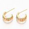 Brass Micro Pave Clear Cubic Zirconia Half Hoop Earrings, Stud Earring, Textured, Semicircular, Nickel Free, Real 18K Gold Plated, 19.5x12.5x5.5mm, Pin: 0.7mm