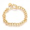 Ion Plating(IP) 304 Stainless Steel Curb Chain Bracelets, Textured, with Toggle Clasps and Heart Shape Charm, Golden, 7-1/2 inch(19cm), 7mm
