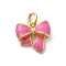 Brass Enamel Charms, Bowknot Charm, with Jump Ring, Cadmium Free & Lead Free, Rack Plating, Long-Lasting Plated, Real 18K Gold Plated, Flamingo, 11x11.5x4mm, Hole: 3.5mm