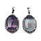 Natural Fluorite Pendants, Brass Oval Charms, Antique Silver, 33.5~34x21x10mm, Hole: 8x5mm
