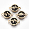 Glass Links connectors, with Light Gold Plated Alloy Findings, Flat Round with Heartbeat, Black, 13.5x19.5x5.5mm, Hole: 1.6mm